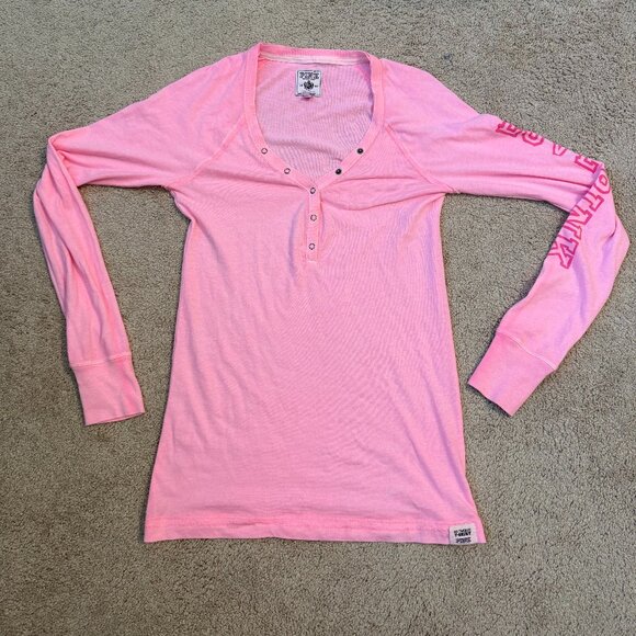 1986 Pink Victorias Secret Hot Pink Henley LOVE PINK My Favorite T-Shirt Top - Picture 1 of 2